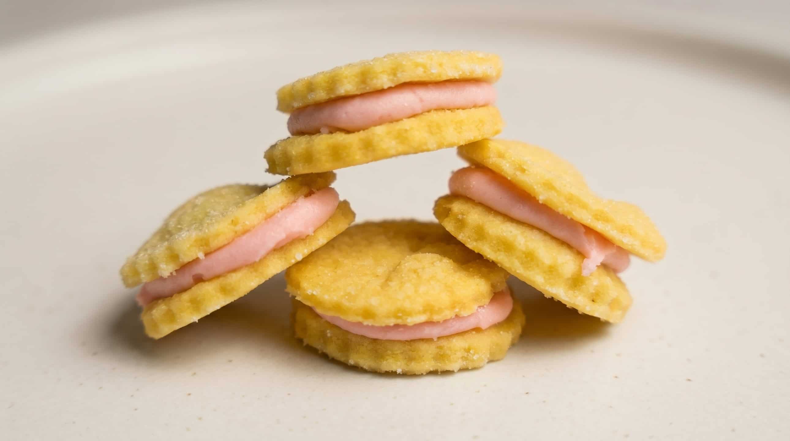 Almond crème sandwich cookies with soft pink filling